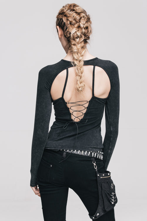 Black Hollow Out Long Sleeves Womens Punk Straps T-Shirt
