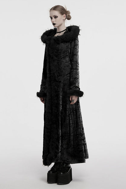 Black Long Sleeves Faux Fur Stitching Lace-Up Hooded Women's Gothic Coat
