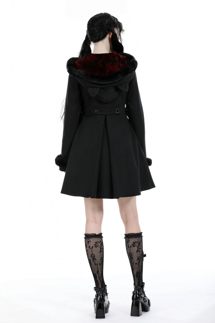 Black Long Sleeves Crescent Moon Bow Spliced Double-breasted Women's Gothic Coat with Cat Ear Hood