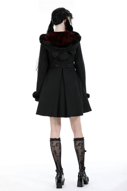 Black Long Sleeves Crescent Moon Bow Spliced Double-breasted Women's Gothic Coat with Cat Ear Hood