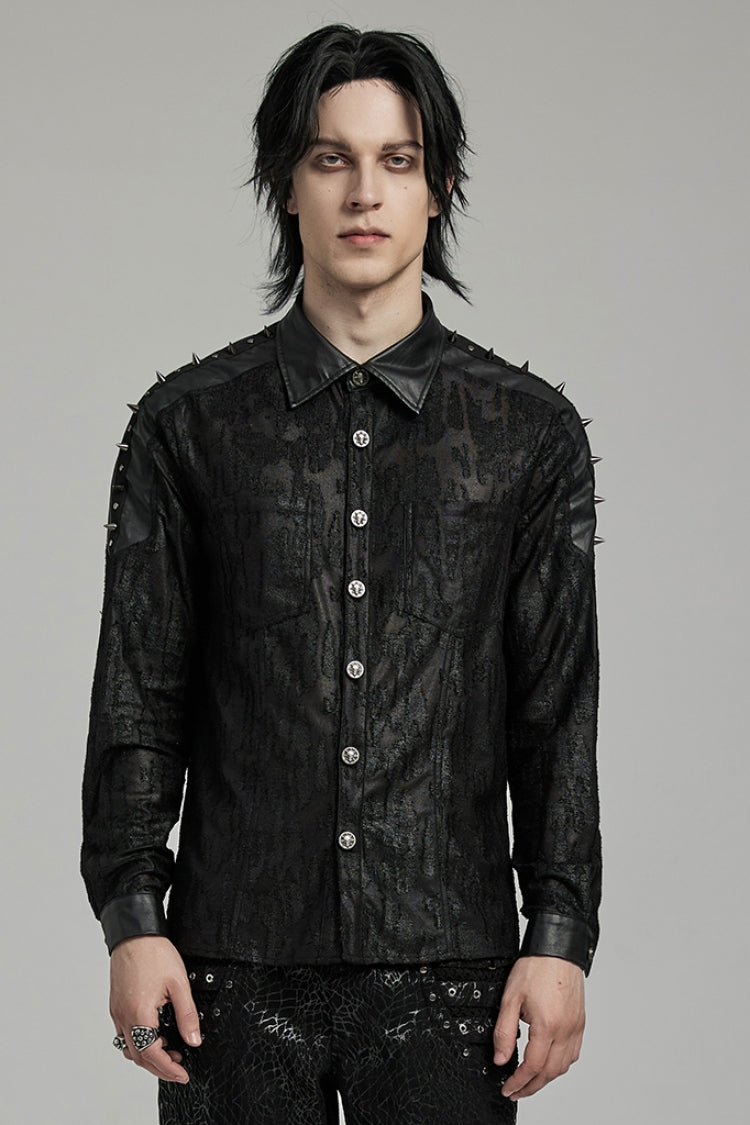 Black Lapel Collar Long Sleeves Faux Leather Stitching Men's Punk Blouse