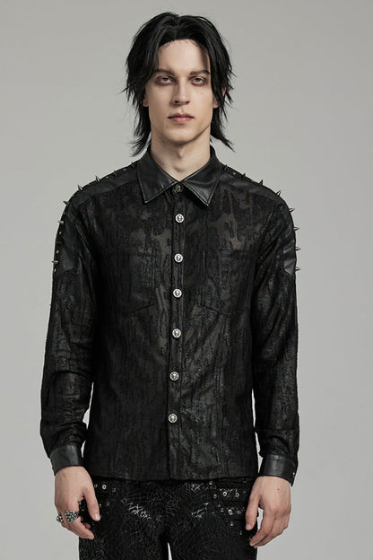 Black Lapel Collar Long Sleeves Faux Leather Stitching Men's Punk Blouse