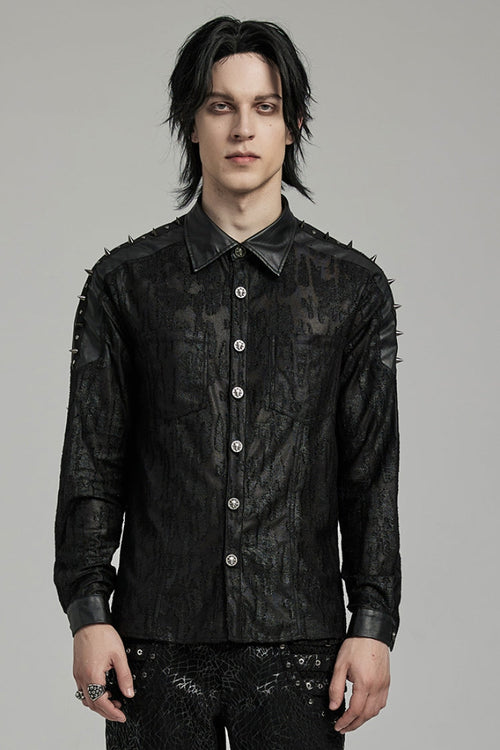 Black Lapel Collar Long Sleeves Faux Leather Stitching Men's Punk Blouse