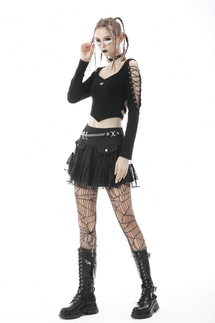 Black Long Sleeves Irregular Strappy Bat Women's Punk Crop Top