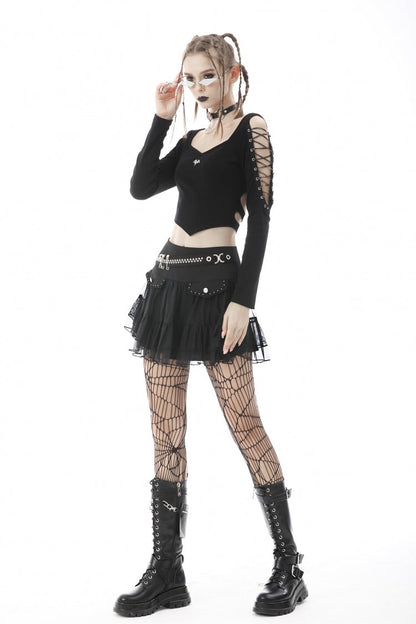 Black Long Sleeves Irregular Strappy Bat Women's Punk Crop Top