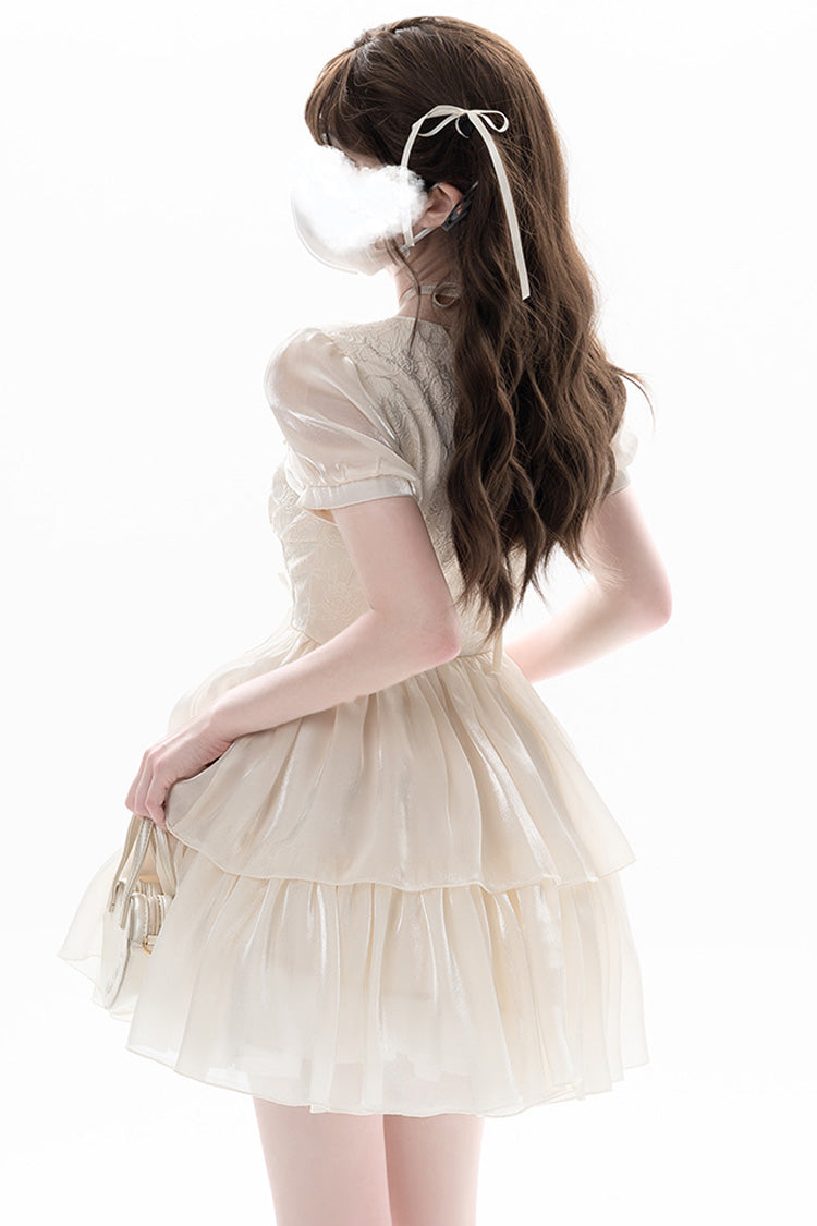 Apricot [Prussian Legend] Short Sleeves Multi-Layered Jacquard Ruffle Bowknot Sweet Lolita Dress
