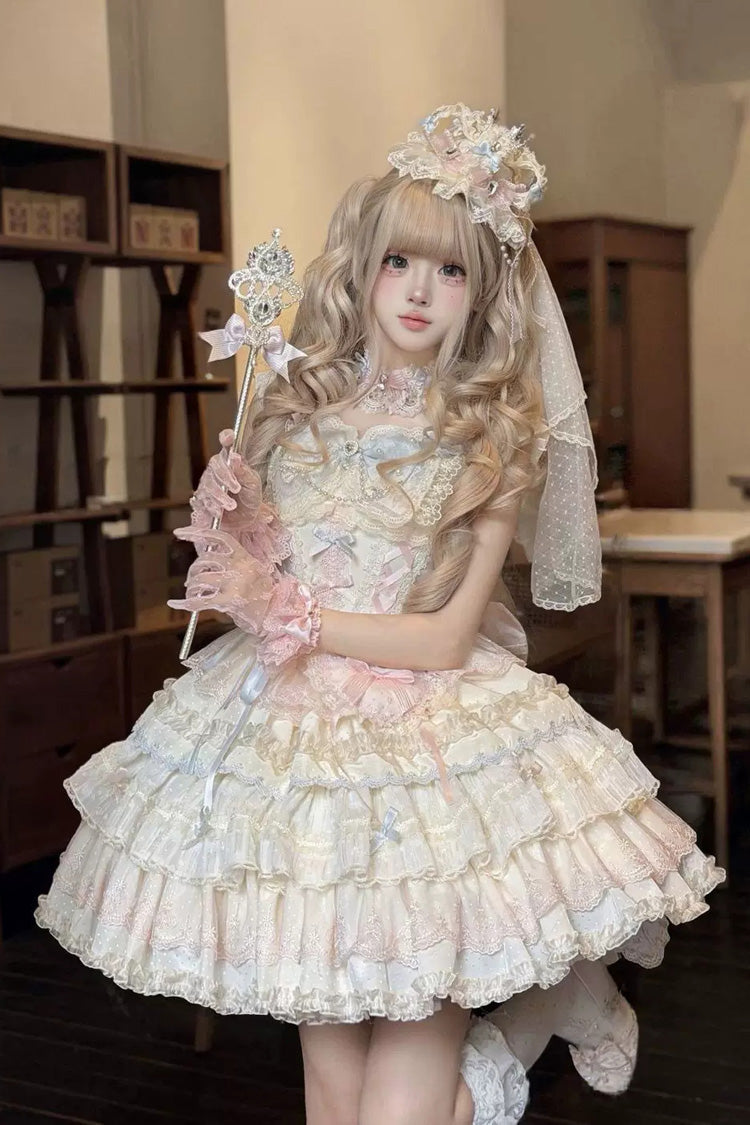 Apricot/Pink [Cloudwhale Dreamweaver] Square Collar Multi-Layered Ruffled Bow Lace Sweet Lolita Jsk Dress