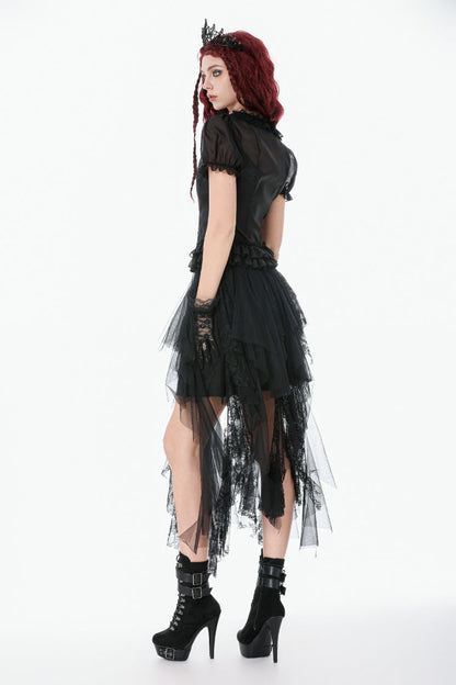Black Deep V Collar Short Puff Sleeves Multi-Layered Ruffled Lace Sheer Women's Gothic Blouse