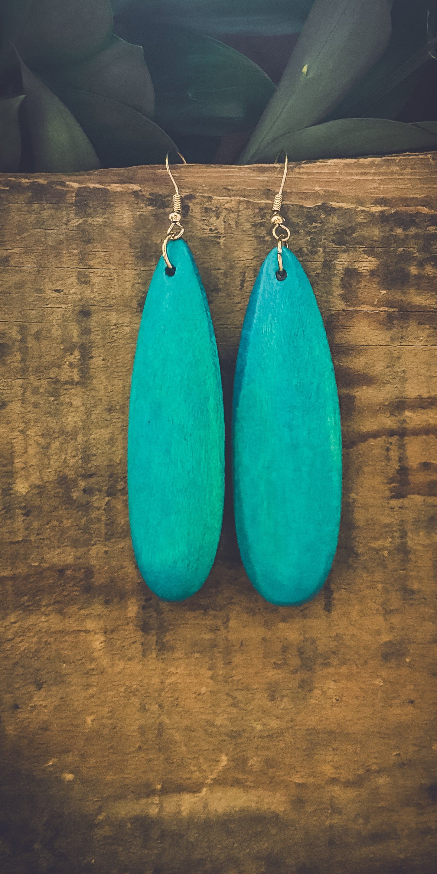 Beautiful Wooden Turquoise Drop Earrings