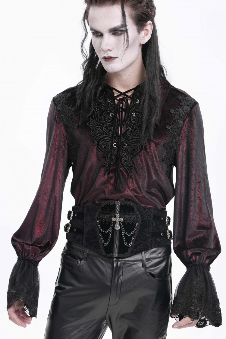 Black Lace-Up Slim Buckled Pearl-Decorated Men's Gothic Palace Accessory Cross Chain Girdle