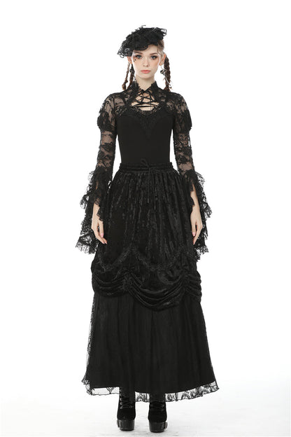 Black Long Puff Sleeves Sheer Floral Lace Lace-Up Women's Gothic Cape