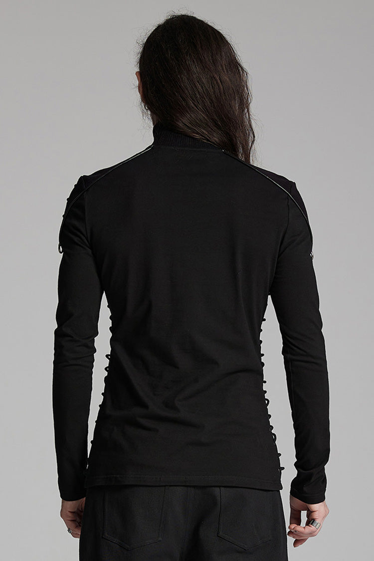 Black Long Sleeves Rivet Zipper Drawstring Men's Punk Blouse