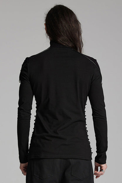 Black Long Sleeves Rivet Zipper Drawstring Men's Punk Blouse