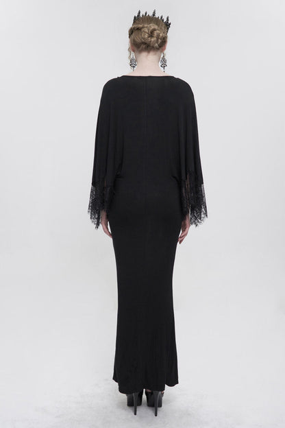 Black Deep V Neck Bat Sleeve Chest Appliqu Lace Bead Buckle Connection Small Fishtail Long Women's Gothic Dress