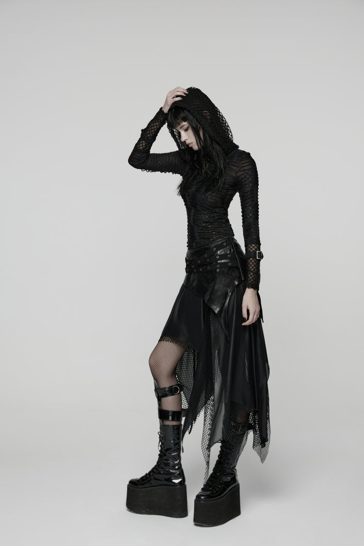 Black Double-Layered Irregular Eyelet Women's Punk rregular Wasteland Skirt