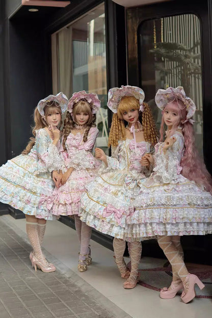 Apricot [Candlelight Elegance] Long Trumpet Sleeves Multi-Layered Ruffle Bowknot Lace Sweet Elegant Lolita Dress