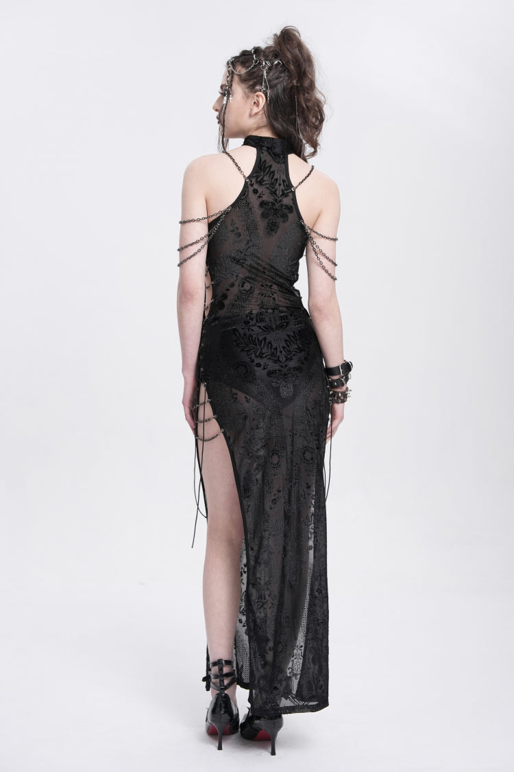 Black Halterneck Sleeveless Cheongsam Collar Side Slit Embroidery Women's Gothic Dress