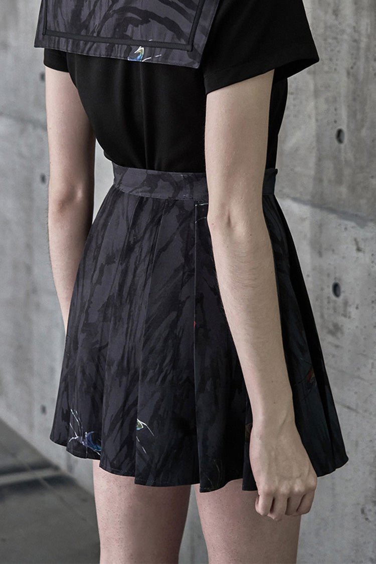 Black Casual Chinese Painting Decorated Pleated Women's Steam Punk Skirt