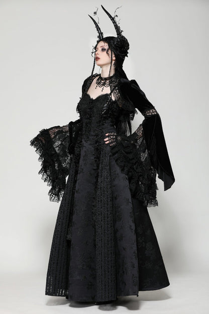 Black Long Puff Flared Sleeves Ruffled Lace Spliced Velvet Women's Gothic Cape
