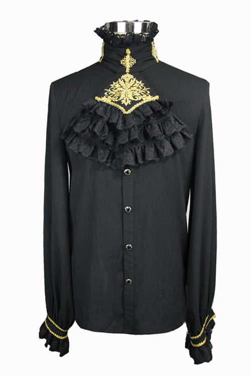 Black Chiffon Chest Embroidery Lace Sleeves Mens Gothic Blouse