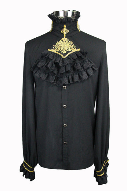 Black Chiffon Chest Embroidery Lace Sleeves Mens Gothic Blouse