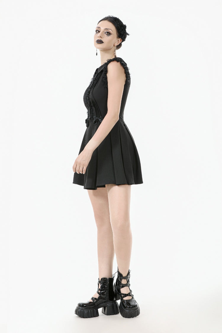 Black Peter Pan Collar Sleeveless Bowknot Pleated Women's Gothic Graduation Dress