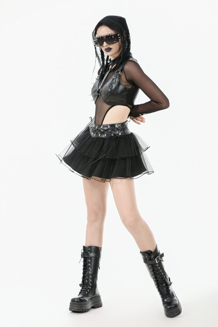 Black Multi-Layered Lace Mesh Women's Punk Short Skirt with D-Ring Ties Waist