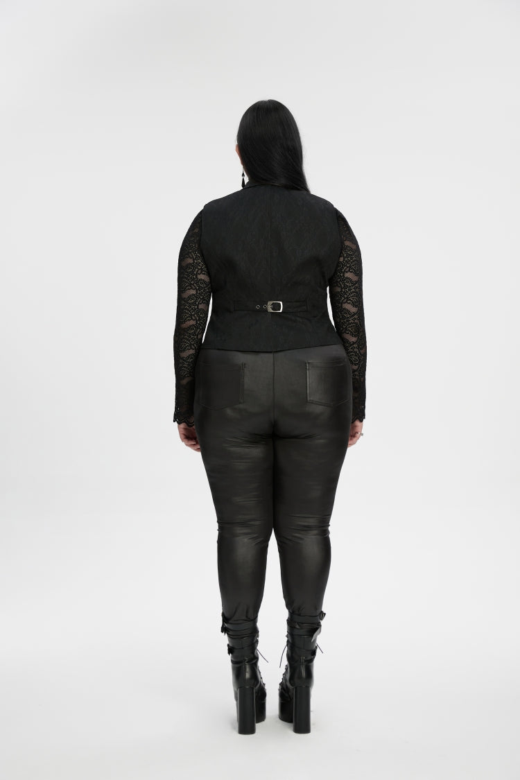 Black Lapel Collar Jacquard Spliced Lace Faux Two-Piece Pleated Women's Plus Size Gothic Vest