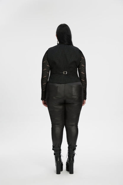 Black Lapel Collar Jacquard Spliced Lace Faux Two-Piece Pleated Women's Plus Size Gothic Vest