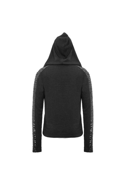 Black Chest Lace Up Vertical Stripes Woolen Splice Bright Crimped Fabric Hooded Men's Punk T-Shirt