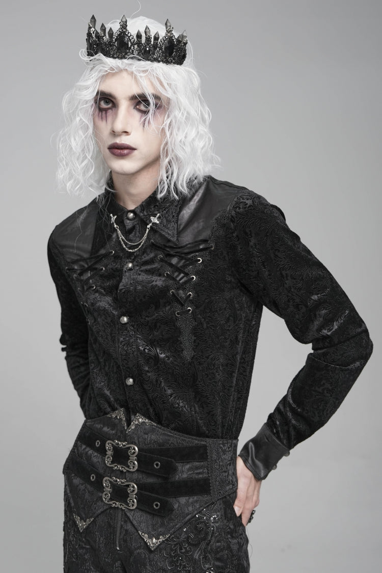 Black Lapel Collar Long Sleeves Print Embroidery Lace-Up Men's Gothic Blouse