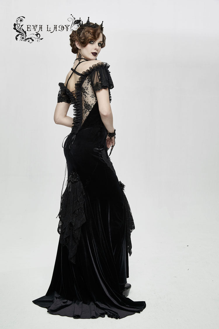 Black Gorgeous Sheer Floral Lace Ruffled Fitted Women's Gothic Corsets With Detachable Hem