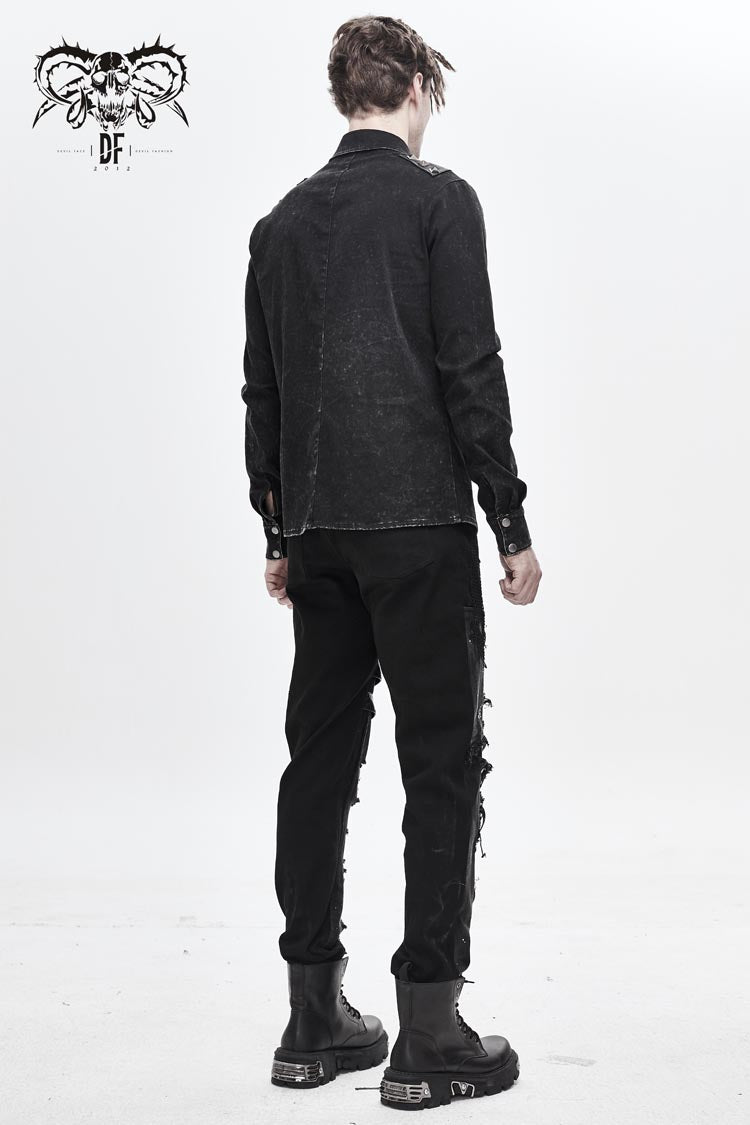 Black Asymmetric Left Shoulder Loop Mesh Rivet Snap Button Men's Punk Shirt