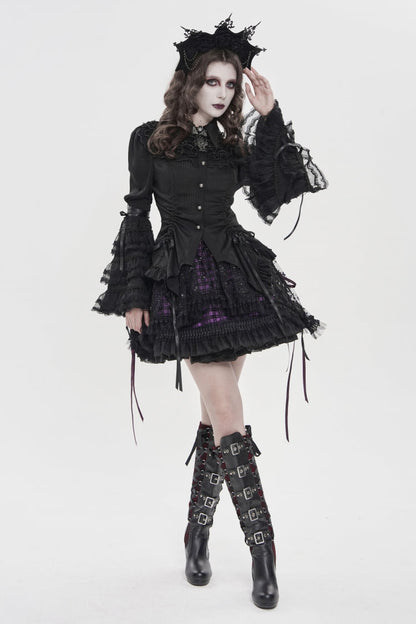 Black Lapel Collar Long Trumpet Sleeves Lace Lace-Up Women's Gothic Blouse