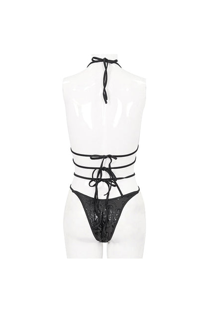 Black Pentagram Effect Print Sexy Strap Women's Gothic Swimsuit Set