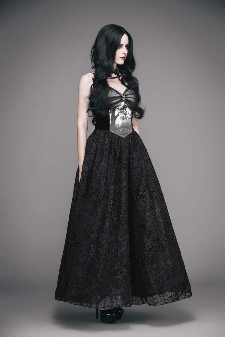 Black Elk Metal Brooch Flocking Print Yarn Floral Women's Gothic Dress