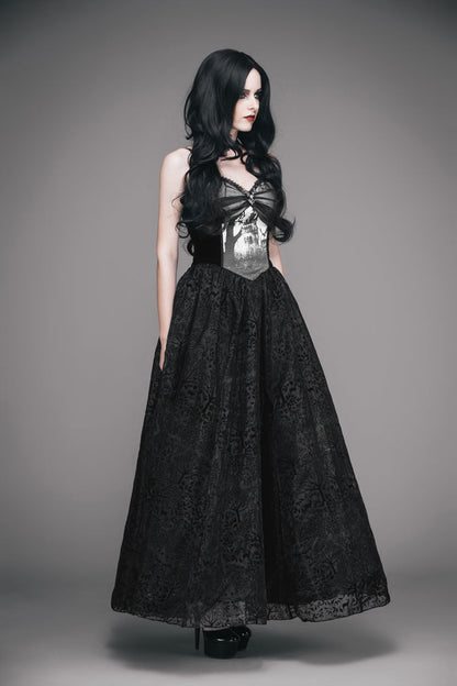Black Elk Metal Brooch Flocking Print Yarn Floral Women's Gothic Dress