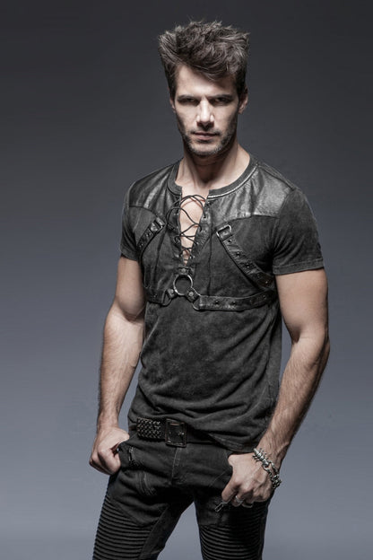 Black Lace-Up Zipper Men's Punk Blouse with Straps