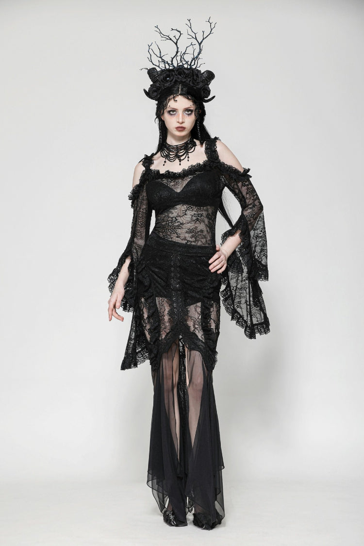Black Lace-Up Mesh Spliced Lace Women's Gothic Fishtailed Skirt
