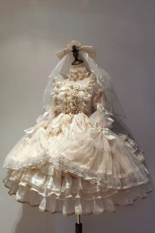Apricot [Coronation] Long Trumpet Sleeves Multi-Layered Ruffle Bowknot Lace Sweet Gorgeous Lolita Dress Set