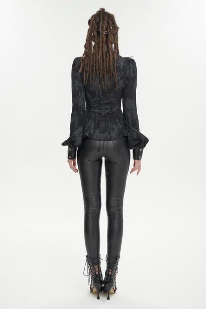 Black Leather lapel Heart Cutout Puff Sleeved Women's Gothic Shirt