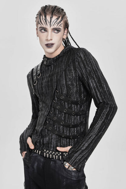 Black Long Sleeves Irregular Hooded Straps Eyelet Men's Punk Blouse