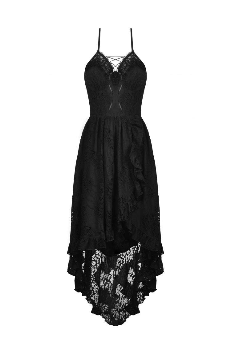 Black Off Shoulder Halterneck Ruffled Lace-Up Swallow Tail Floral Lace Women's Gothic Dress