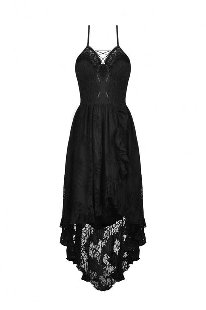 Black Off Shoulder Halterneck Ruffled Lace-Up Swallow Tail Floral Lace Women's Gothic Dress
