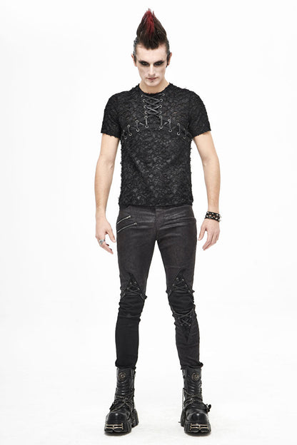 Black Broken Holes Thick Stripes Chest Lace-Up Knit Short Sleeve Men's Punk T-Shirt