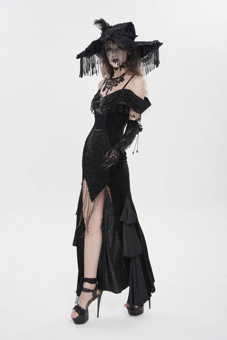 Black Off Shoulder Sleeveless Embroidered Lace Slim Women's Gothic Gorgeous Strapless Dress