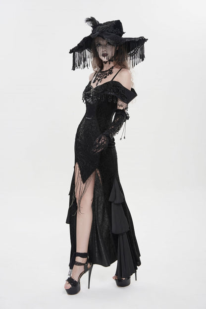 Black Off Shoulder Sleeveless Embroidered Lace Slim Women's Gothic Gorgeous Strapless Dress