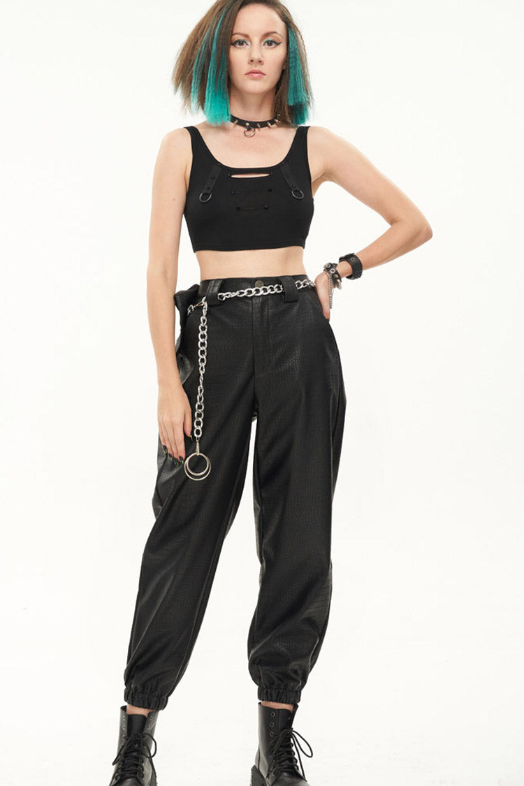 Black Gothic Crocodile Pattern Metal Chain Design Lantern Leather Women's Pants