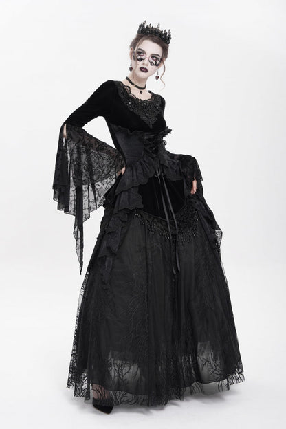 Black Long Sleeves Lace-Up Beaded Pleated Women's Gothic Blouse