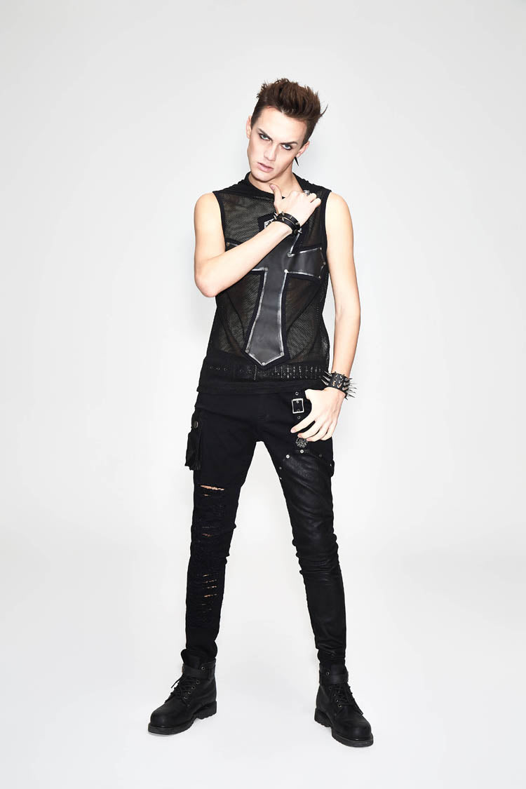 Black Asymmetric Broken Hole Glued Suede Rivet Men's Punk Pants